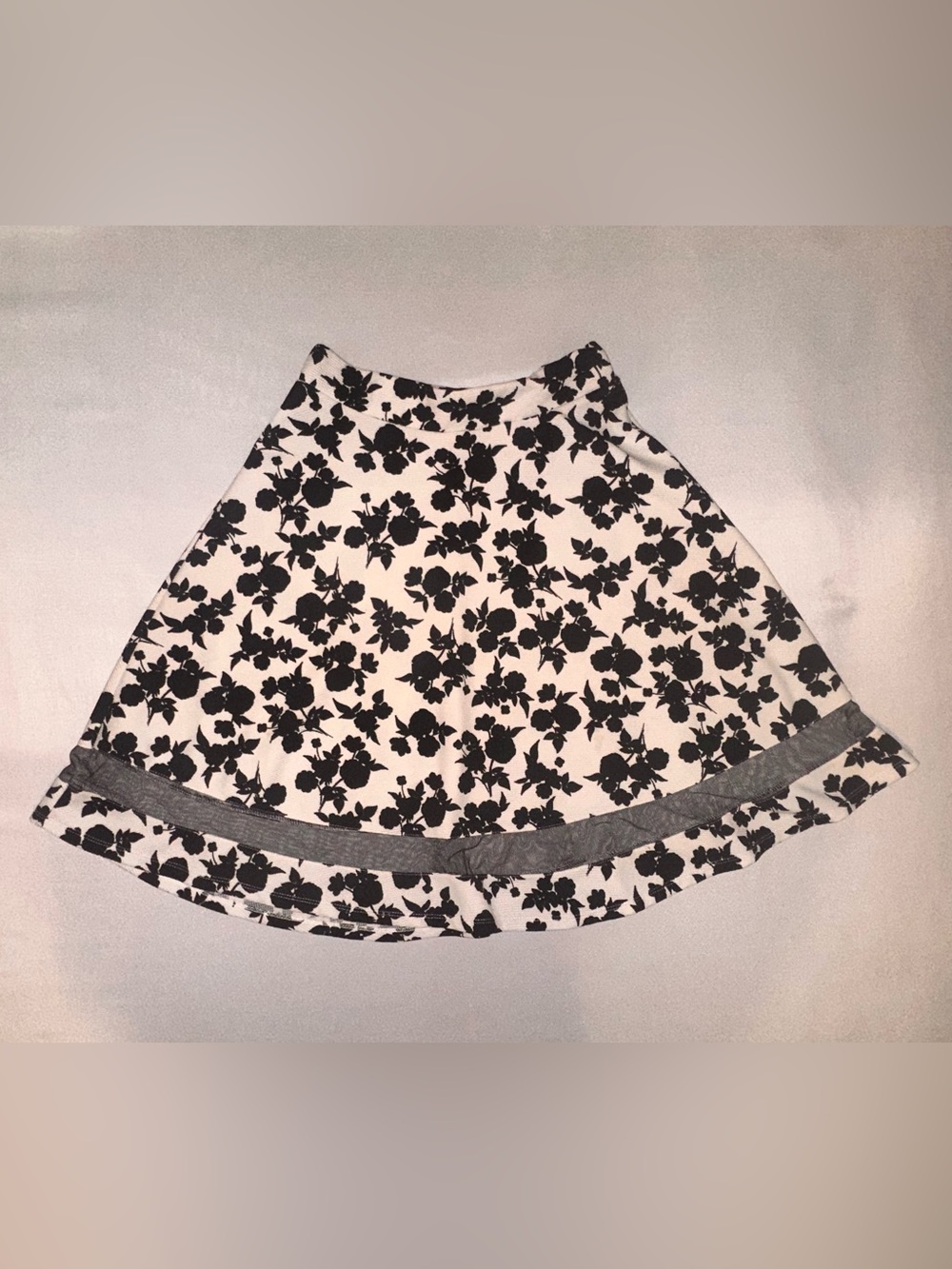Black & White Floral Flare Skirt with Sheer Mesh Panel